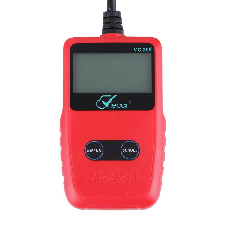 Red handheld OBDII code reader with screen and Enter/Scroll buttons