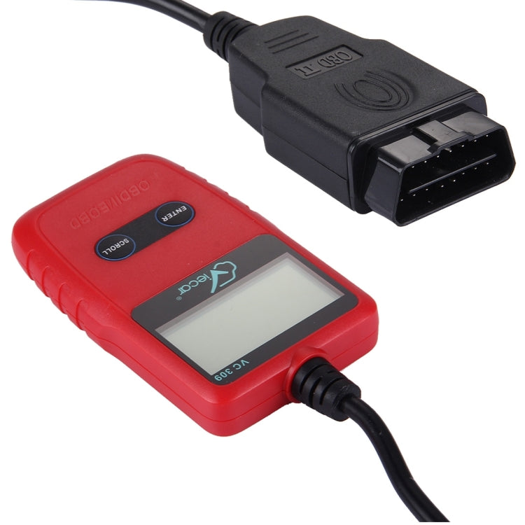 Red OBDII code reader with black OBD connector plug and cable