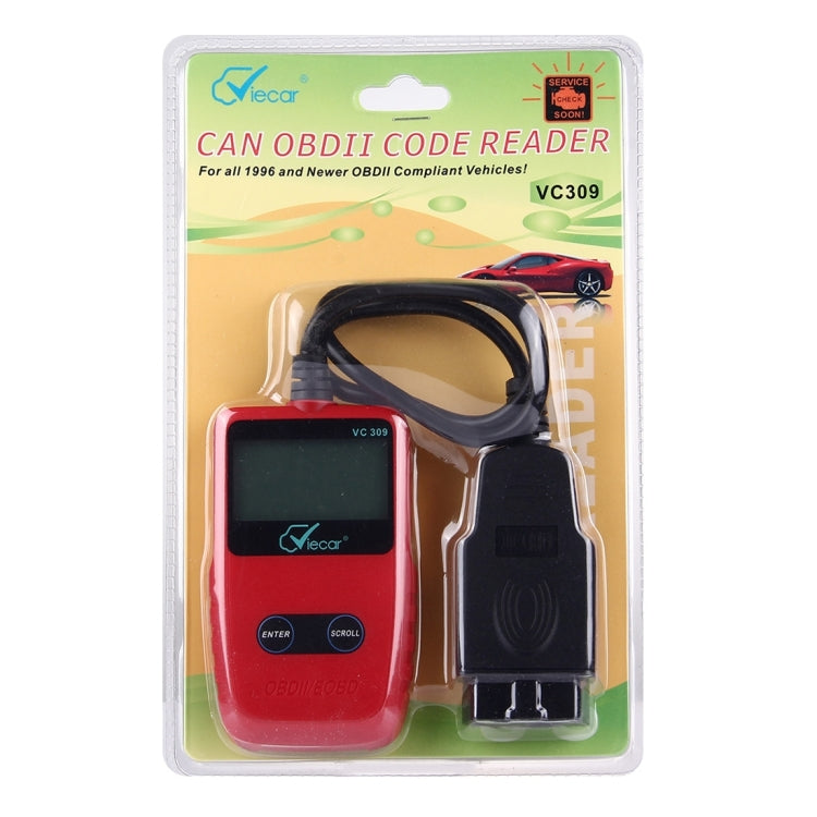 Retail blister pack for CAN OBDII code reader with red scanner and black adapter