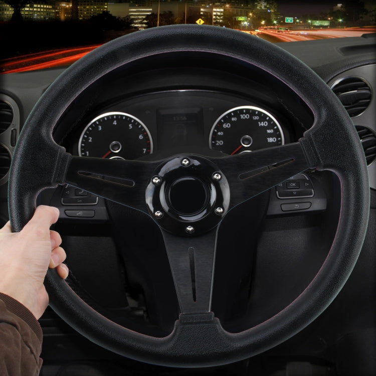 Black PU racing steering wheel with black center hub and three-spoke design