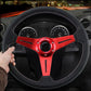 Racing sport steering wheel with black rim, red center and spokes, paddle shifters