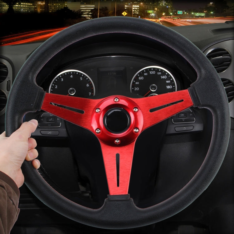 Racing sport steering wheel with black rim, red center and spokes, paddle shifters