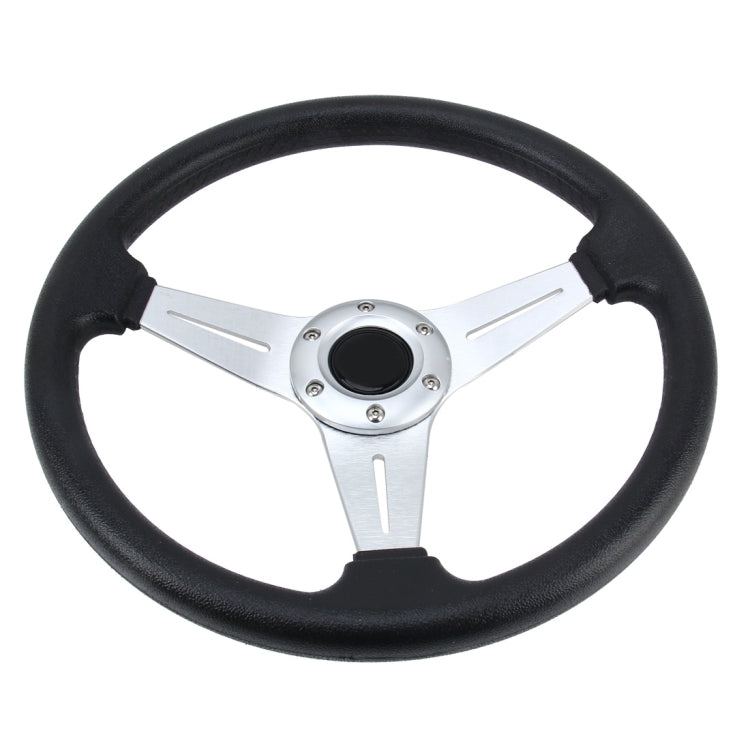 Black PU racing steering wheel with silver three-spoke center plate
