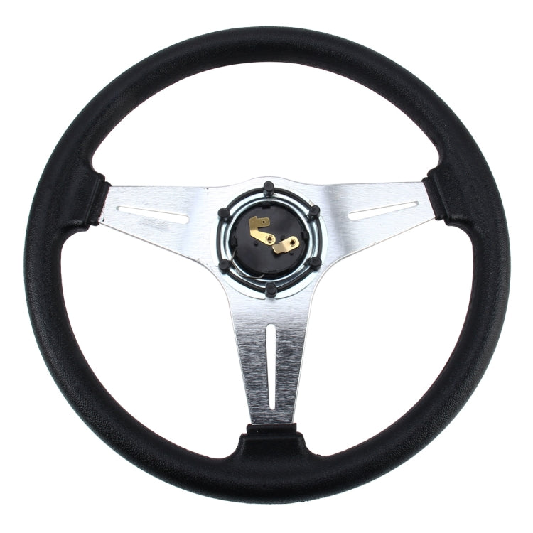 Black PU racing steering wheel with silver backplate and central hub opening