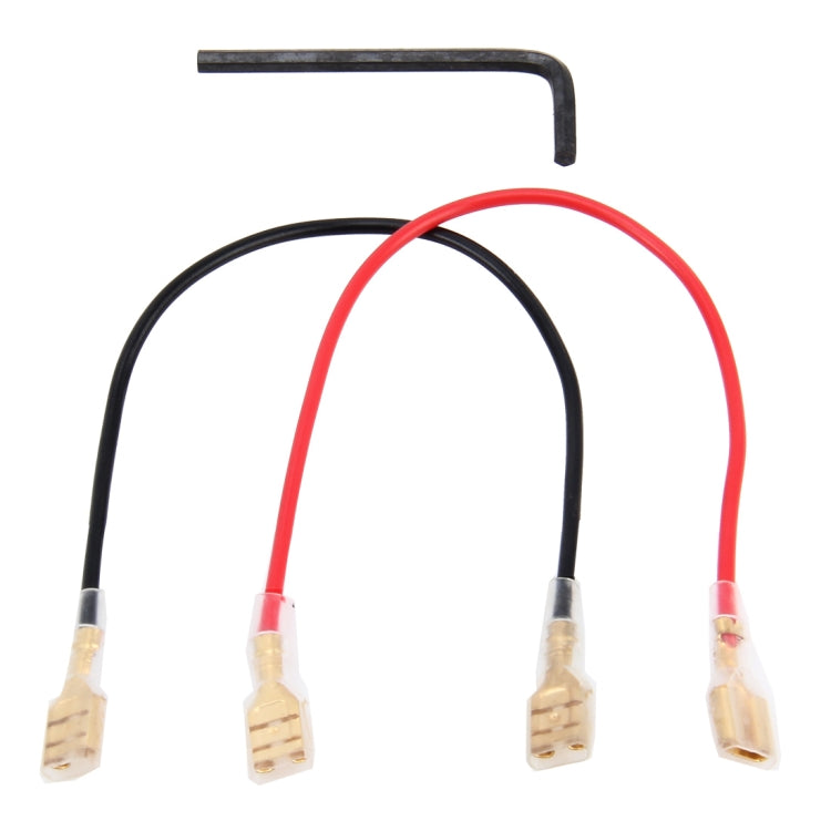 Steering wheel wiring harness with red and black cables and four gold connectors