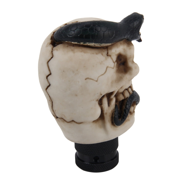 Resin skull gear shift knob, side view with black snake top and textured base