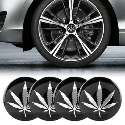Set of 4 round car wheel hub stickers with black finish and white leaf artwork