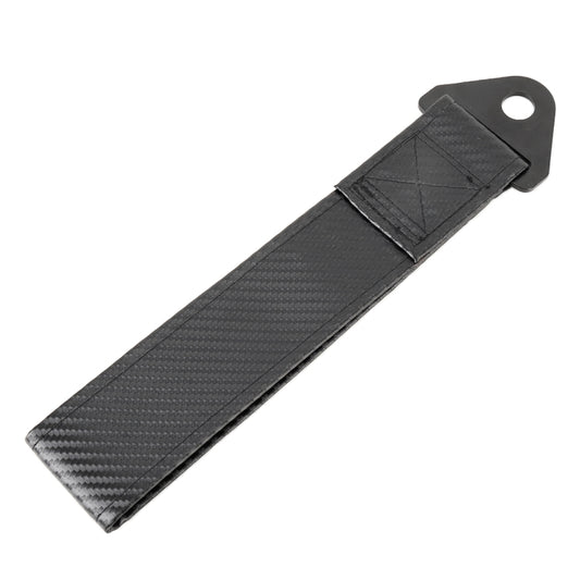 Carbon-fiber style tow strap with screw mounting tab featuring a round hole