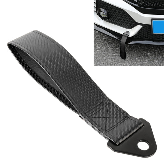 Dark carbon-fiber pattern tow strap with screw-mount tab and round hole end