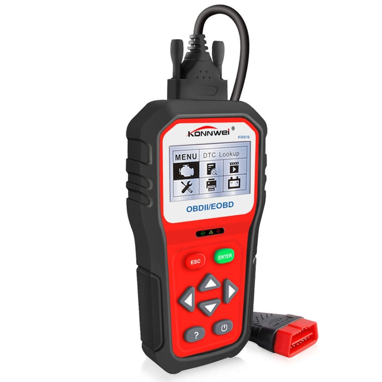 OBDII/EOBD diagnostic scanner with red display area, directional buttons, and side cable port