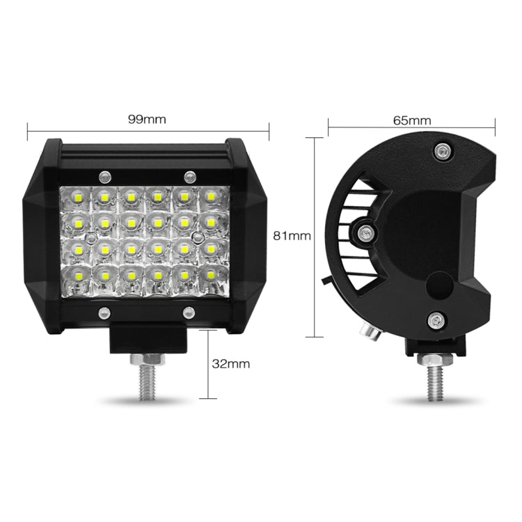 Black LED light with mounting studs; front and side dimension view