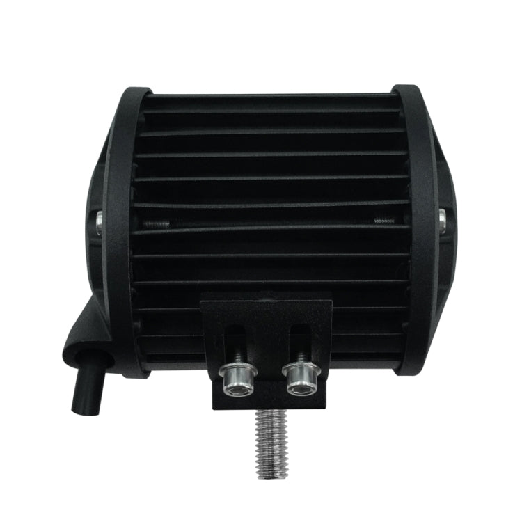 Black LED work light rear view with cooling fins and two mounting bolts