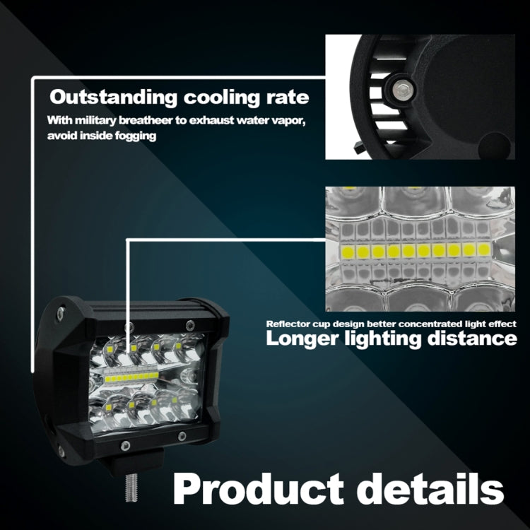 Black LED work light with reflective lens and rows of white-and-yellow LEDs