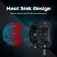 Black LED work light heat sink with radial cooling fins and central mounting stud