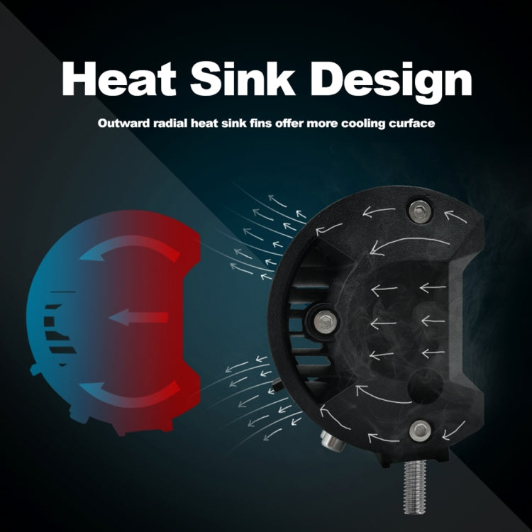 Black LED work light heat sink with radial cooling fins and central mounting stud