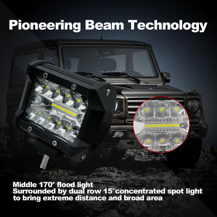 Black LED work light mounted on an off-road vehicle front with visible LED panel
