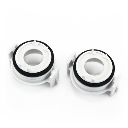 H7 HID headlight bulb retainer adapter pair: white plastic holders with black ring