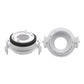 Pair of white HID bulb adapter holders with black gasket and circular opening