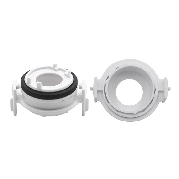 Pair of white HID bulb adapter holders with black gasket and circular opening