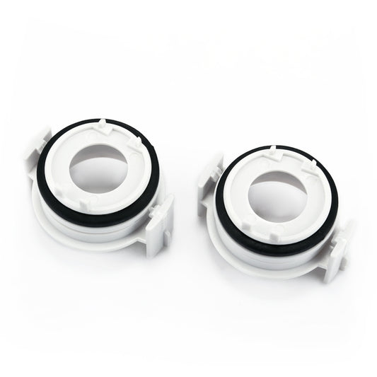 H7 HID headlight bulb retainer adapter pair: white plastic holders with black ring