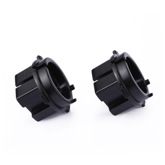 H7 HID headlight bulb base adapter retainer holder pair, side view with ribbed outer sleeve