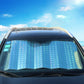 Car windshield sunshade cover with pleated blue panel and black edge for front window