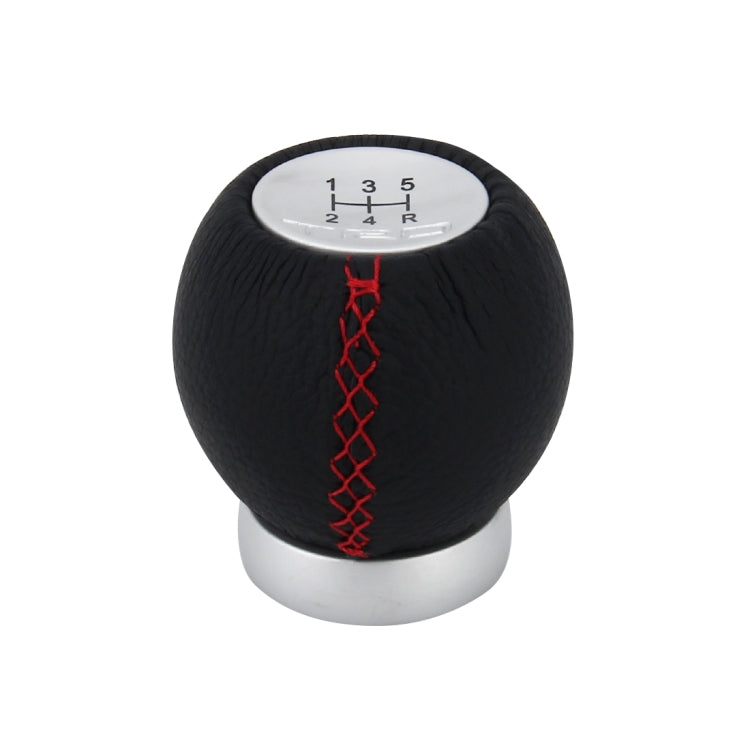 Black leather shift knob with red stitched pattern and numbered 5-speed top