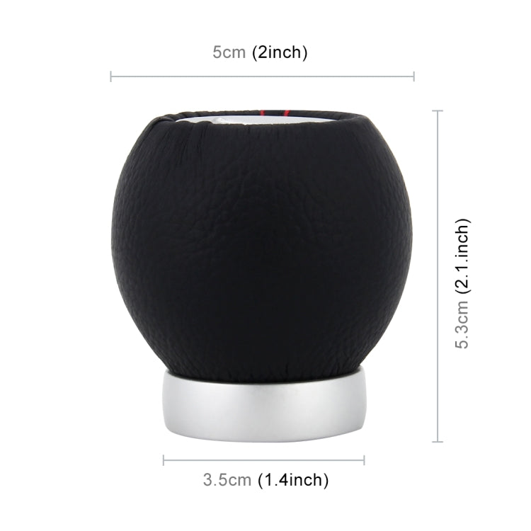 Black leather shift knob with red stitching and silver collar, rounded shape