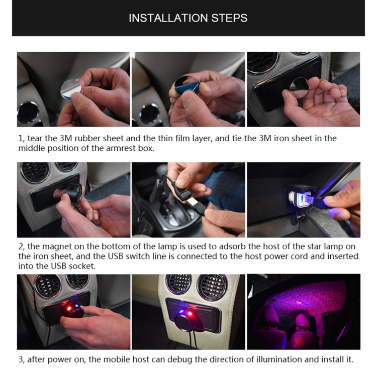 Car roof LED star projector installation steps showing magnet mount and USB connection