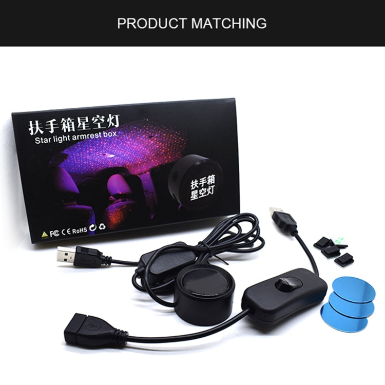 Car roof LED star projector kit with projector, USB cable, and inline control switch