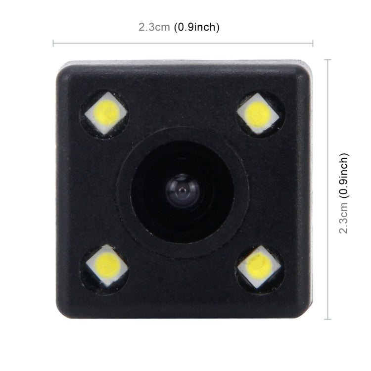 Black backup camera face with central lens and four yellow LED lights
