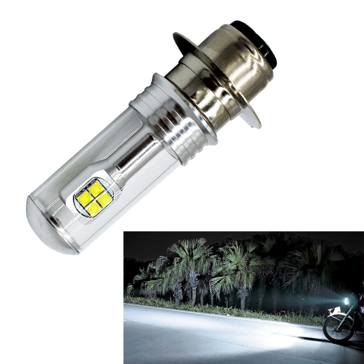 Motorcycle LED headlight bulb with metal base and clear housing, featuring a square LED chip