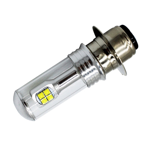 Motorcycle LED headlight bulb side view, metal base and square LED chip under clear cover