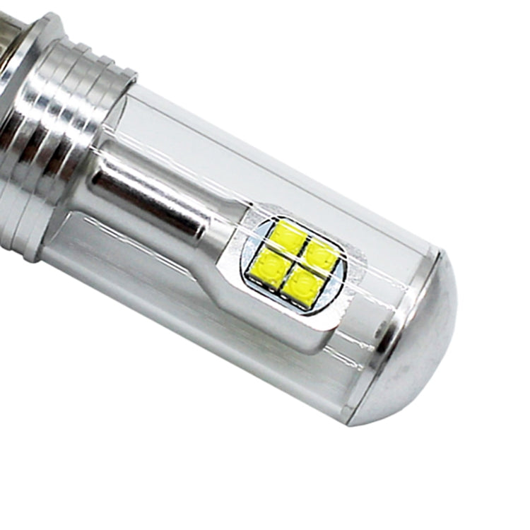 Motorcycle LED headlight bulb close-up of square LED chip inside clear lens