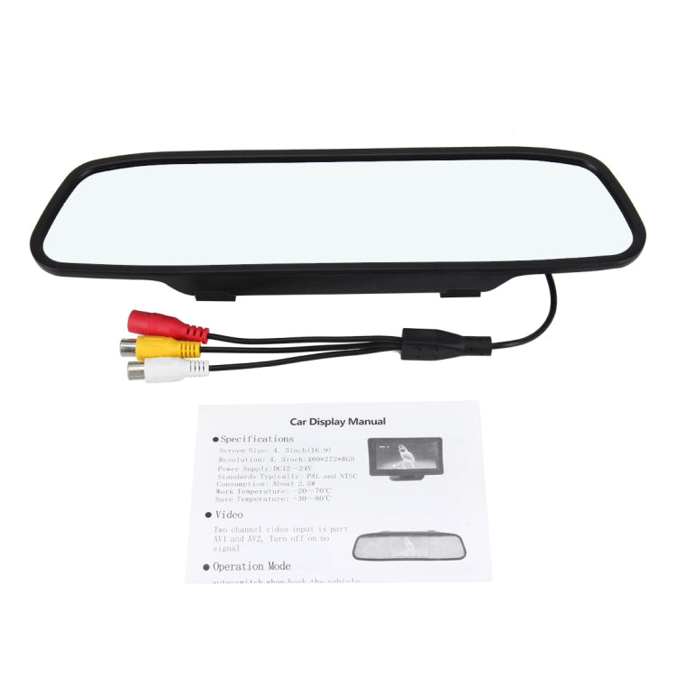 Rearview TFT-LCD car monitor with connected AV cables and instruction manual