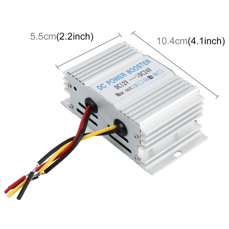 DC power booster converter with aluminum heatsink and dimensions marked 5.5cm x 10.4cm