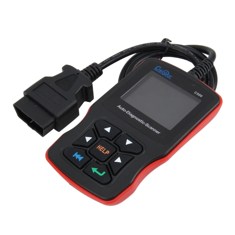 Red auto diagnostic code scanner with LCD screen, keypad, and OBD cable connector