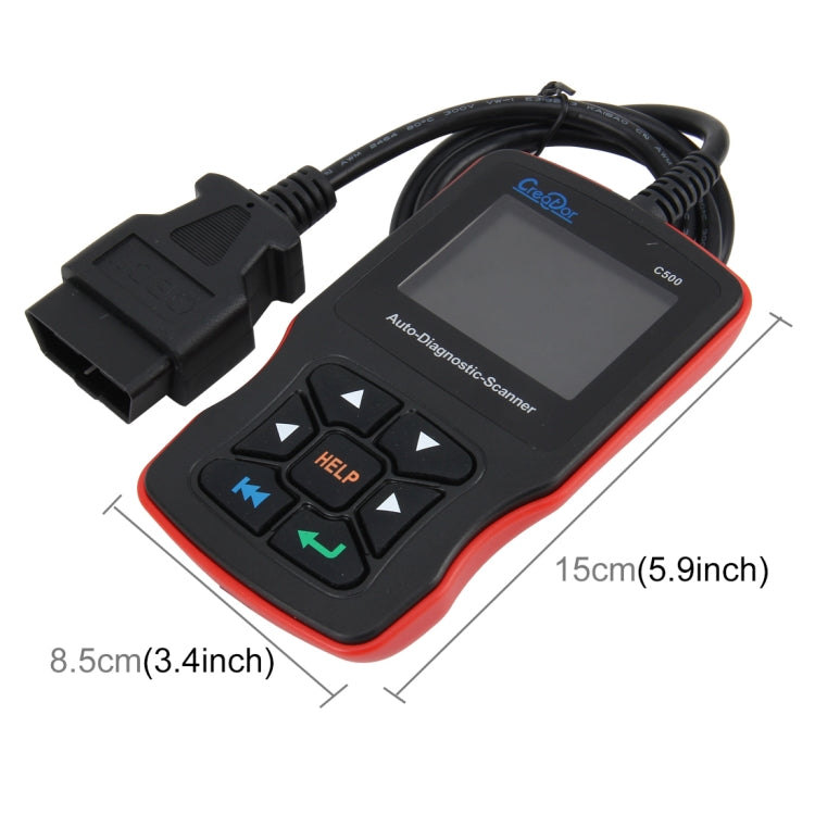 Red auto diagnostic code scanner with LCD screen and keypad; 15cm cable length shown