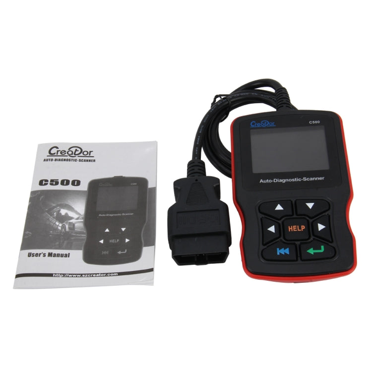 Auto diagnostic scanner kit with red handheld unit, cable, and user manual