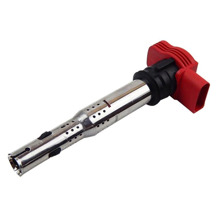 Single ignition coil with red housing, black boot, and chrome cylindrical connector