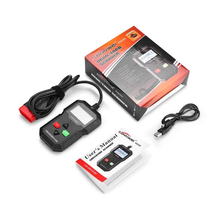 KONNWEI KW590 OBDII scan tool kit with handheld unit, cable, manual, and box