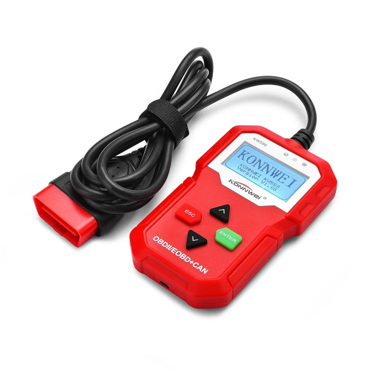 KONNWEI KW590 mini OBDII scan tool with red casing and black connector cable