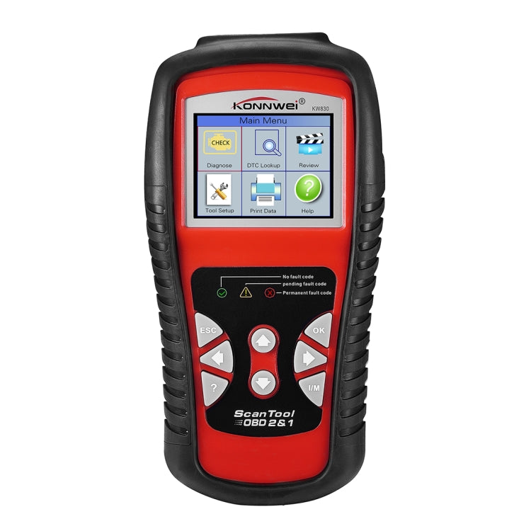 Red and black OBD2 car diagnostic scan tool with color LCD and keypad buttons