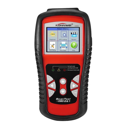 Red and black OBD2 car diagnostic scan tool with color LCD and keypad buttons
