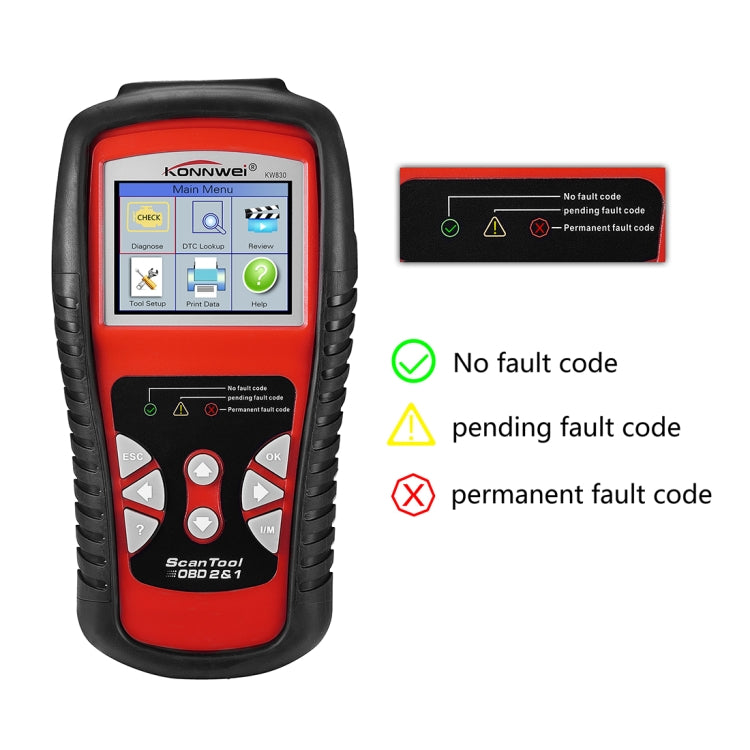 Red and black handheld OBD2 scan tool showing fault code status icons on screen