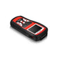 Black and red OBD2 diagnostic scan tool, angled side view with LCD screen