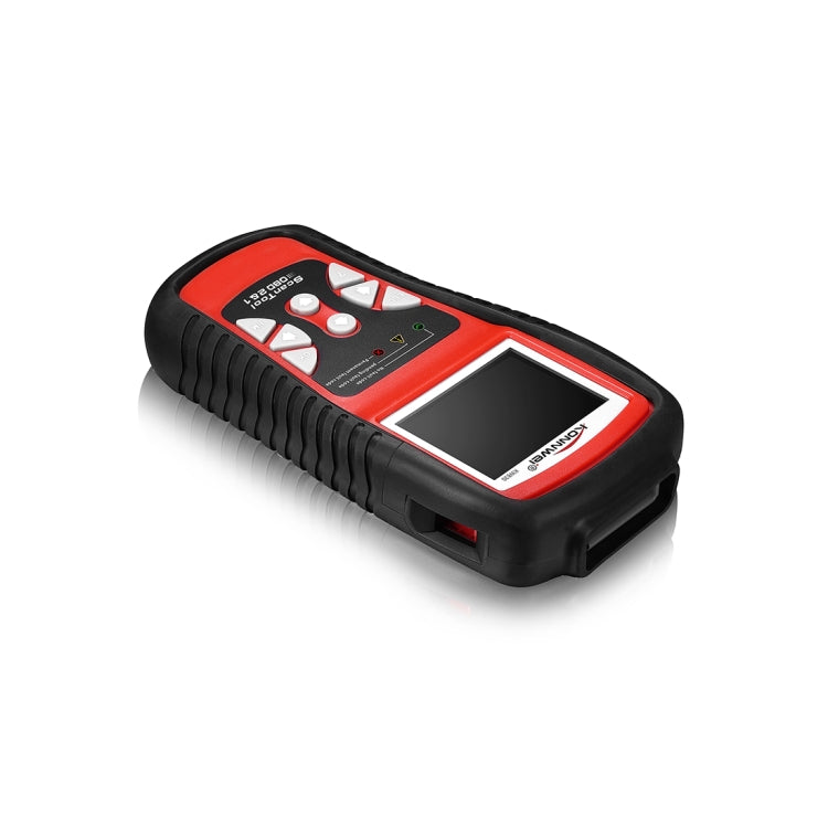 Black and red OBD2 diagnostic scan tool, angled side view with LCD screen