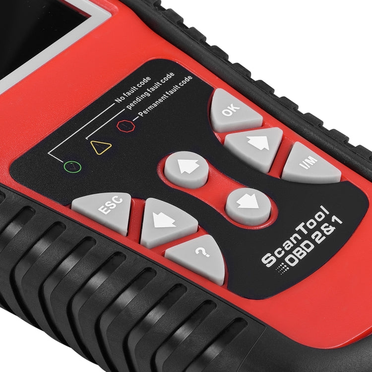 Red and black handheld OBD2 scan tool control buttons and navigation pad close-up