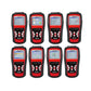 Set of eight red and black OBD2 diagnostic scan tools shown together
