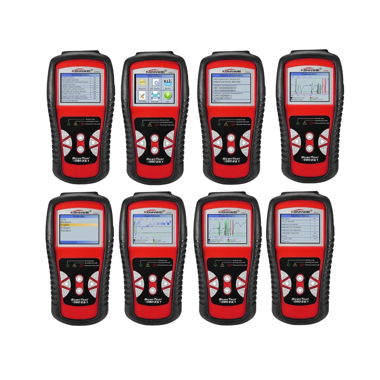 Set of eight red and black OBD2 diagnostic scan tools shown together